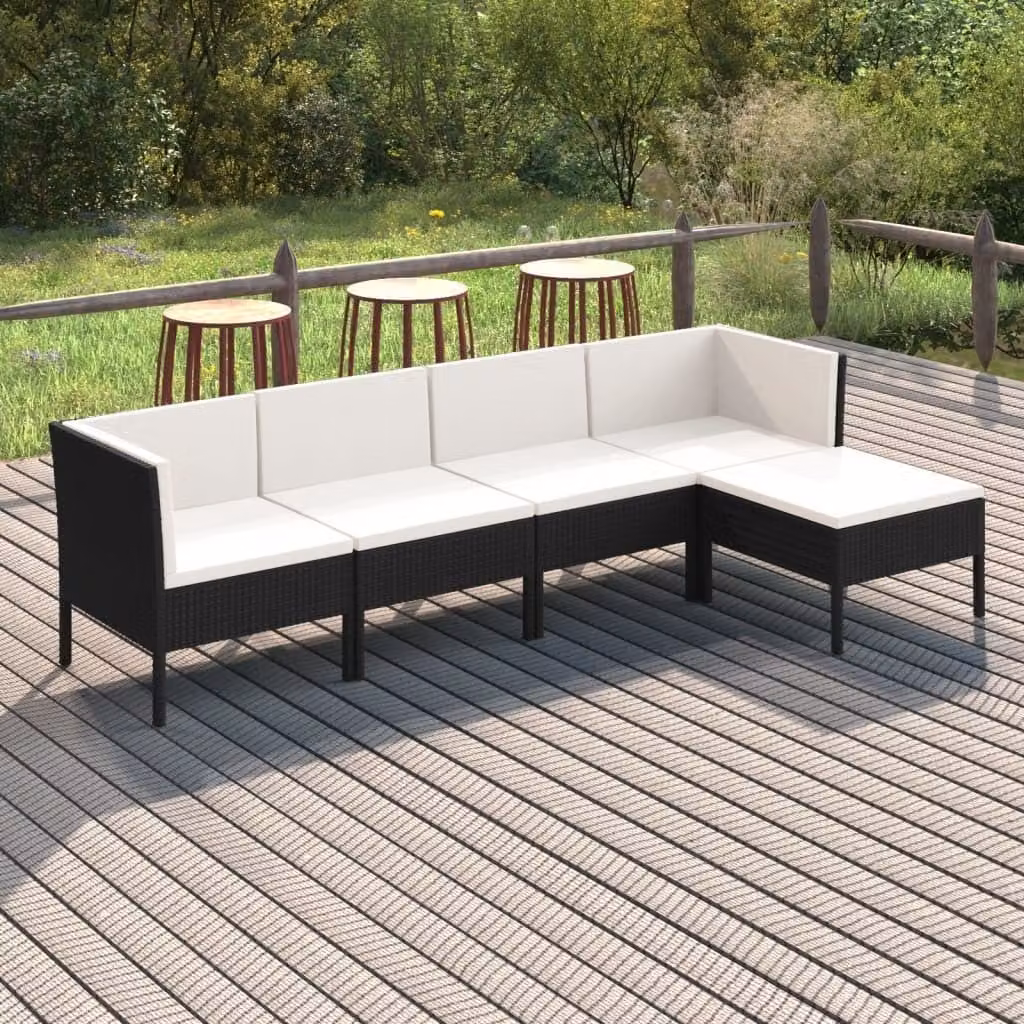 The Living Store Set da giardino 5 pezzi con cuscini in poly rattan nero
