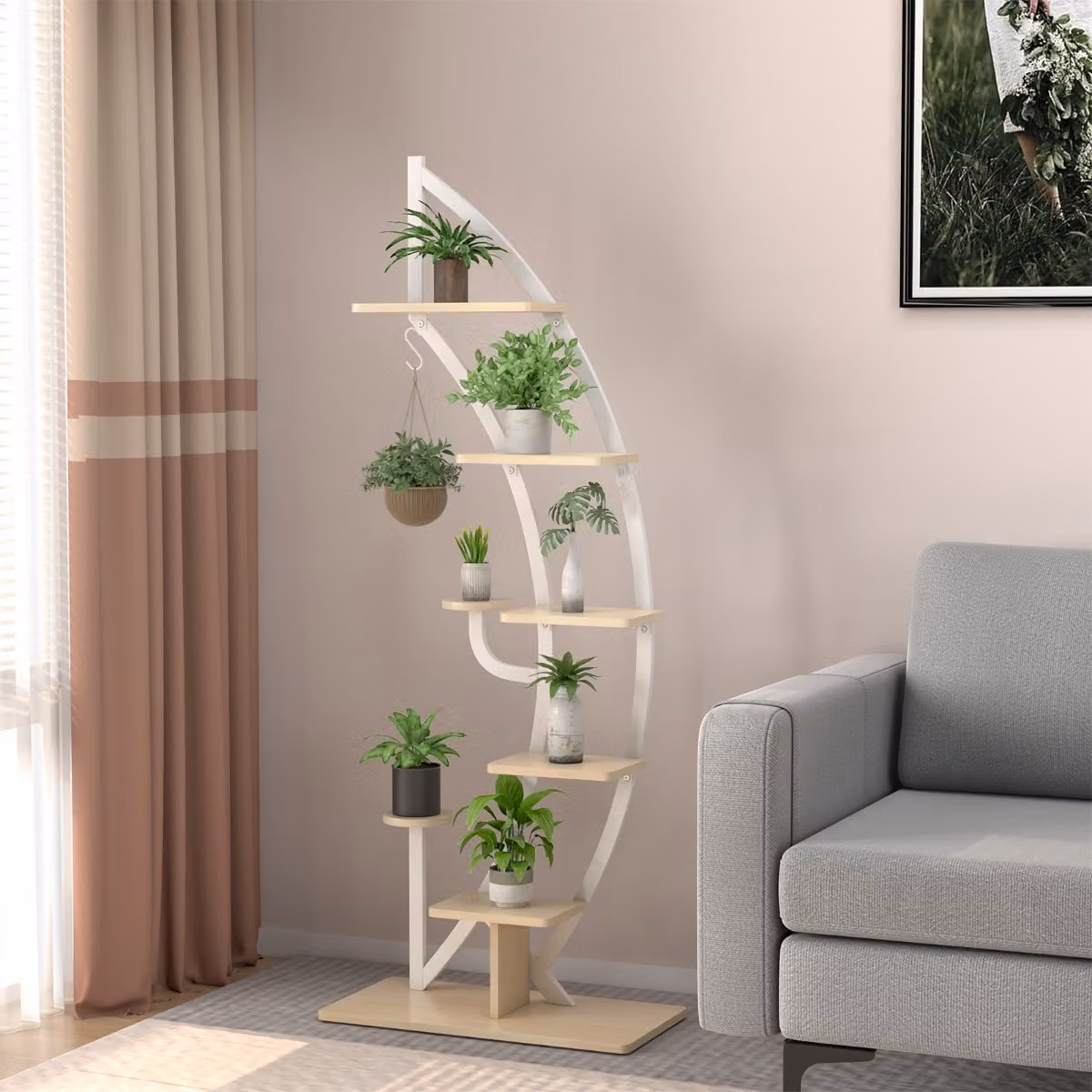 Scaffale per piante Costway in metallo a 7 livelli con design a mezza luna curva e gancio superiore, colore bianco