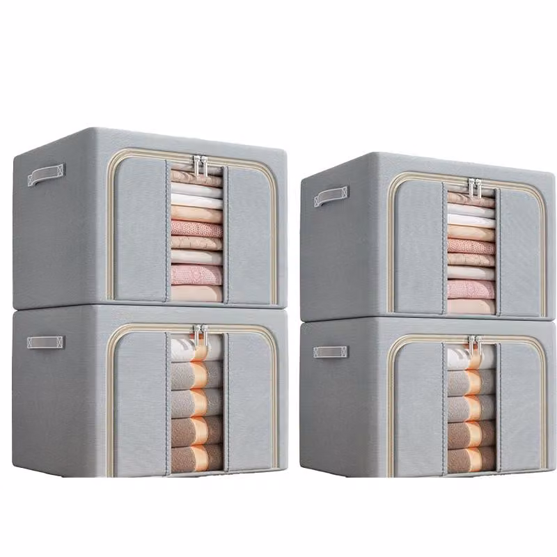 set di 4 scatole portaoggetti in tessuto Oxford, impermeabile, pieghevole, 100L, scomparti, per vestiti e guardaroba, con finestra di visualizzazione, grigio chiaro
