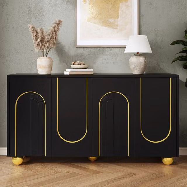 Credenza Minimal con 4 ante e decorazioni dorate, mobile moderno in legno e metallo per soggiorno o ingresso, Nero e Oro, L: 140 cm, P: 40 cm, H: 74 cm – 1
