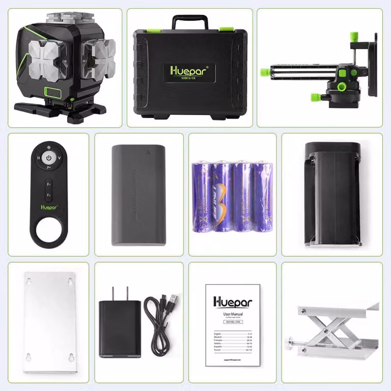 Livella laser a croce a 12 raggi - Laser verde 3D - Autolivellante - Con schermo LCD, Bluetooth e custodia rigida