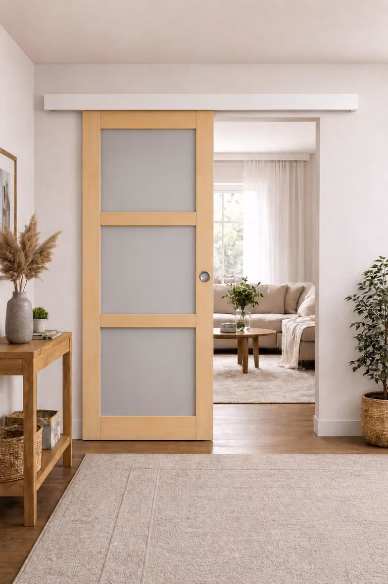 Porta scorrevole Ayous a 3 pannelli grigio chiaro H204 x L83 cm, binario in alluminio con bande bianca, conchiglie GD MENUISERIES