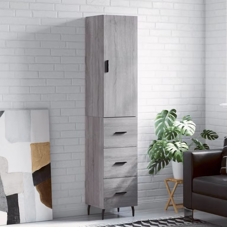 Credenza moderna vidaXL in legno multistrato e metallo, Grigio Sonoma, L: 34,5 cm, P: 34 cm, H: 180 cm
