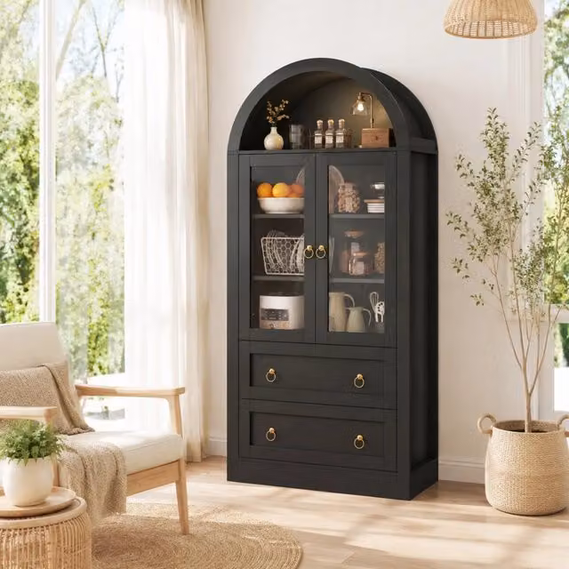 Credenza moderna Mivray nera con ante in vetro e ripiani interni per cucina e soggiorno L: 80 cm, P: 36 cm, H: 170 cm