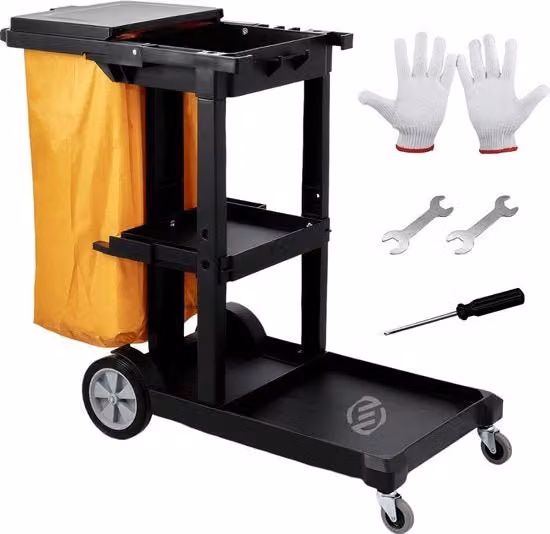 Carrello di Pulizia Portatile con Ruote in Plastica e PVC, Nero