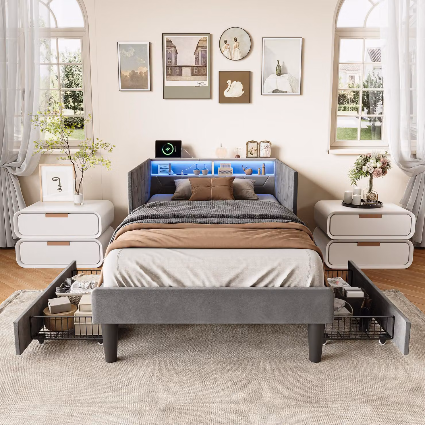 Letto matrimoniale 90 x 200 cm con 2 cassetti, testiera LED e spazio contenitivo, porta USB e USB-C, rete a doghe, velluto, grigio