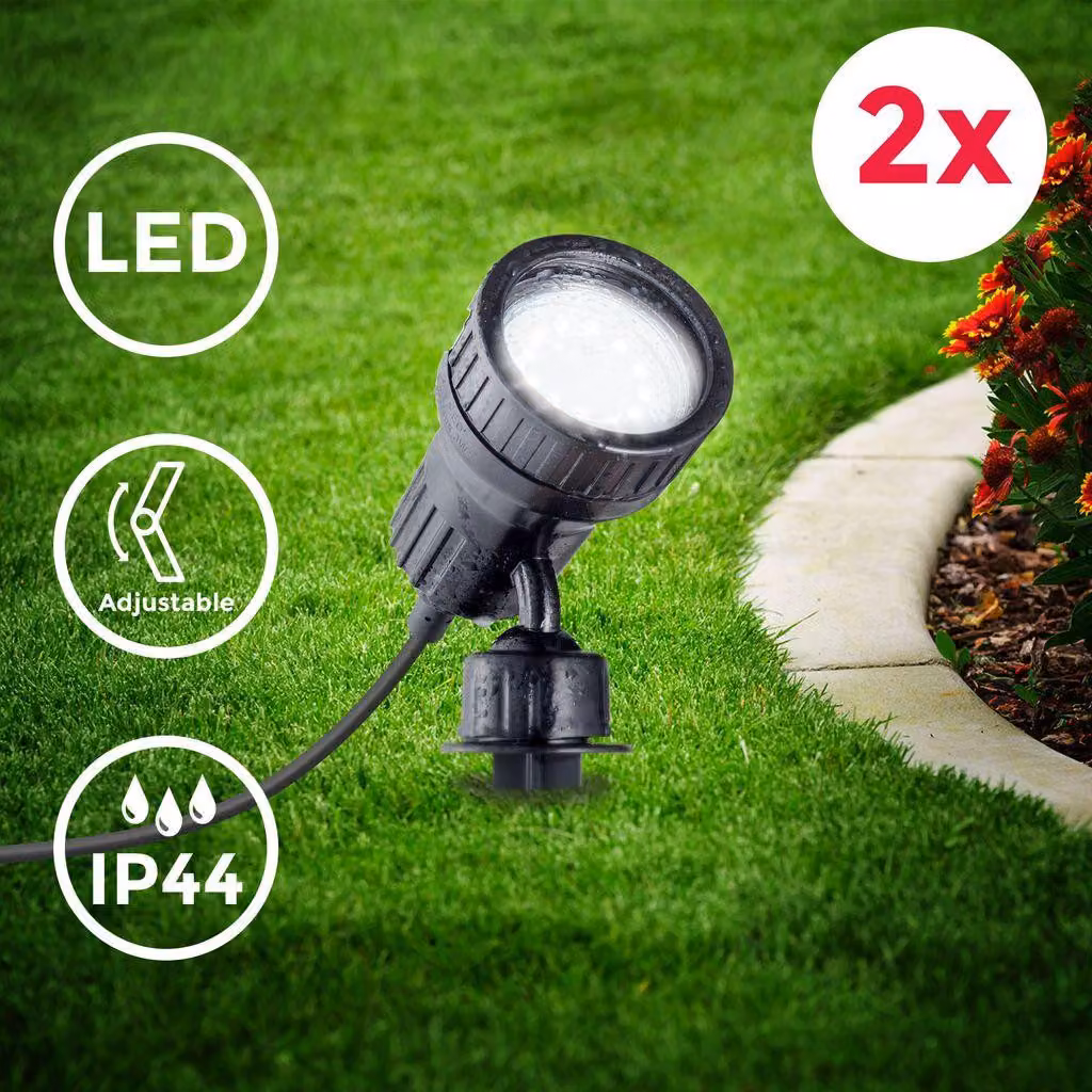 B.K.Licht Set da 2 faretti LED per esterni, luci da giardino orientabili, illuminazione da giardino con picchetto o luci da parete, colore nero, include 2 lampadine da 3W 230 V GU10 IP44