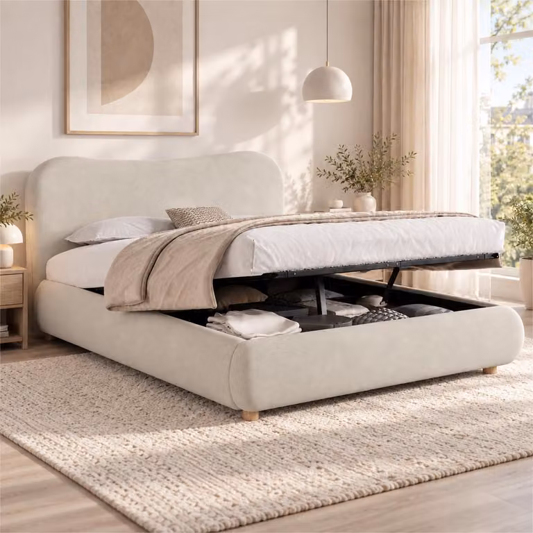 Letto imbottito 180x200 cm con spazio contenitore a sollevamento idraulico, rete a doghe e testiera imbottita da 10,5 cm, rivestito in velluto, con gambe in legno massello, colore crema