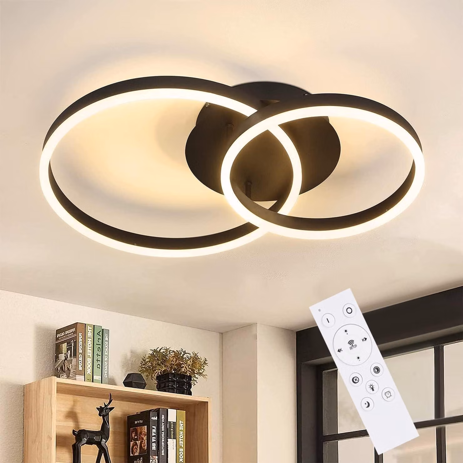 Lampada a soffitto LED per camera da letto, lampada da soffitto per soggiorno, dimmerabile, 59 cm, 46W, lampada per camera da letto con telecomando, design moderno, adatta per ufficio, cucina, colore nero