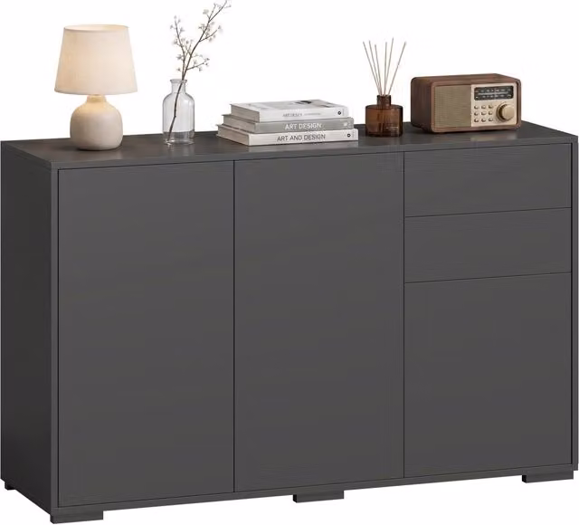 Credenza Moderna da Soggiorno con 2 Cassetti Push-Click, Mobile Madia in Legno Truciolare, Nero, 117 cm x 36 cm x 74 cm
