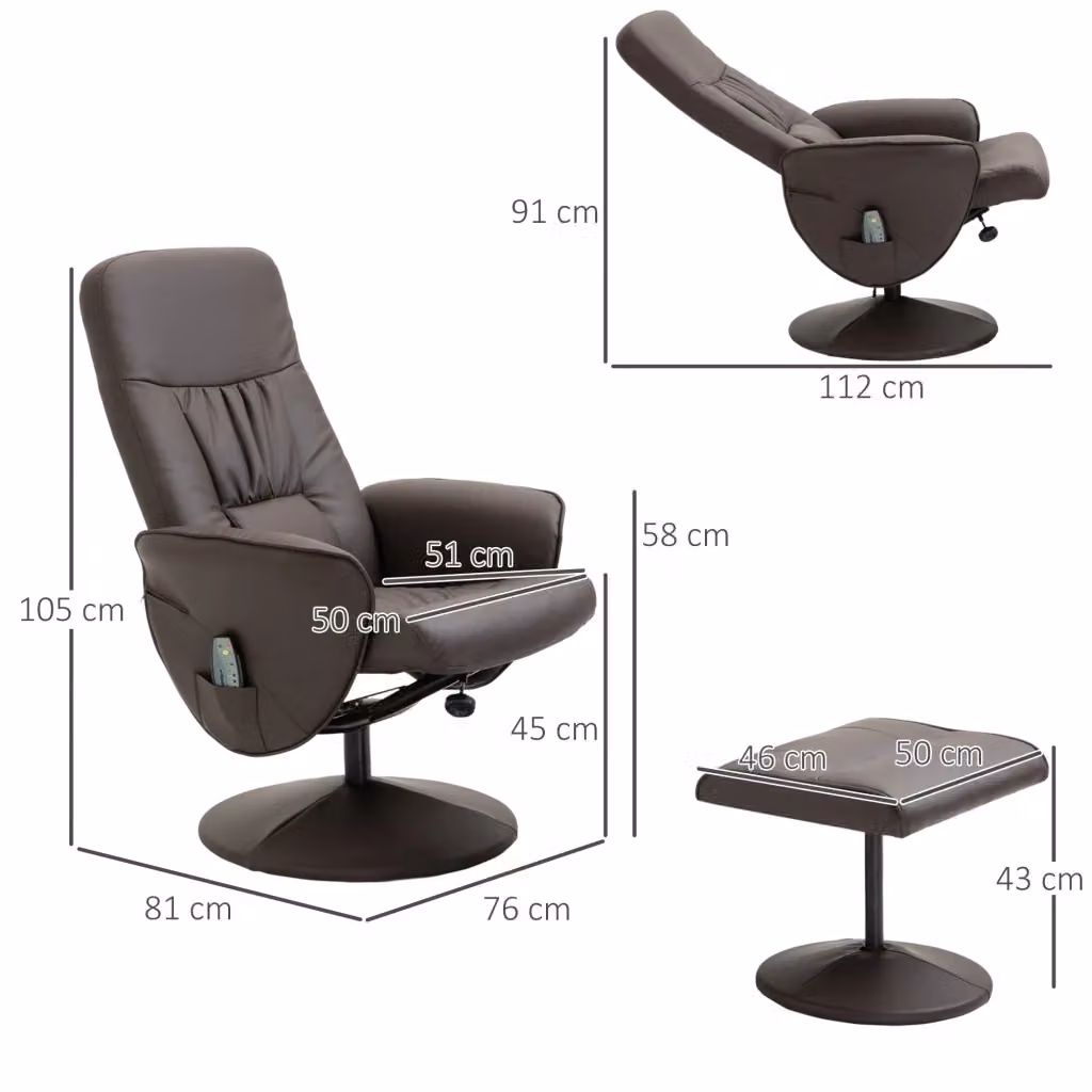 Poltrona relax TV WISHDOR girevole a 360 gradi con funzione reclinabile, 10 punti massaggio e pouf incluso, marrone – 2