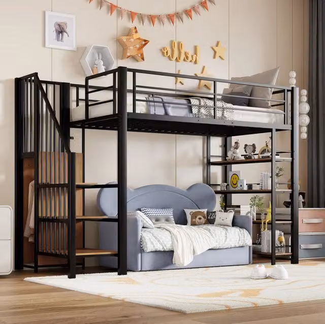 Letto a soppalco 90x200 cm in metallo nero con scala; armadio e ripiani