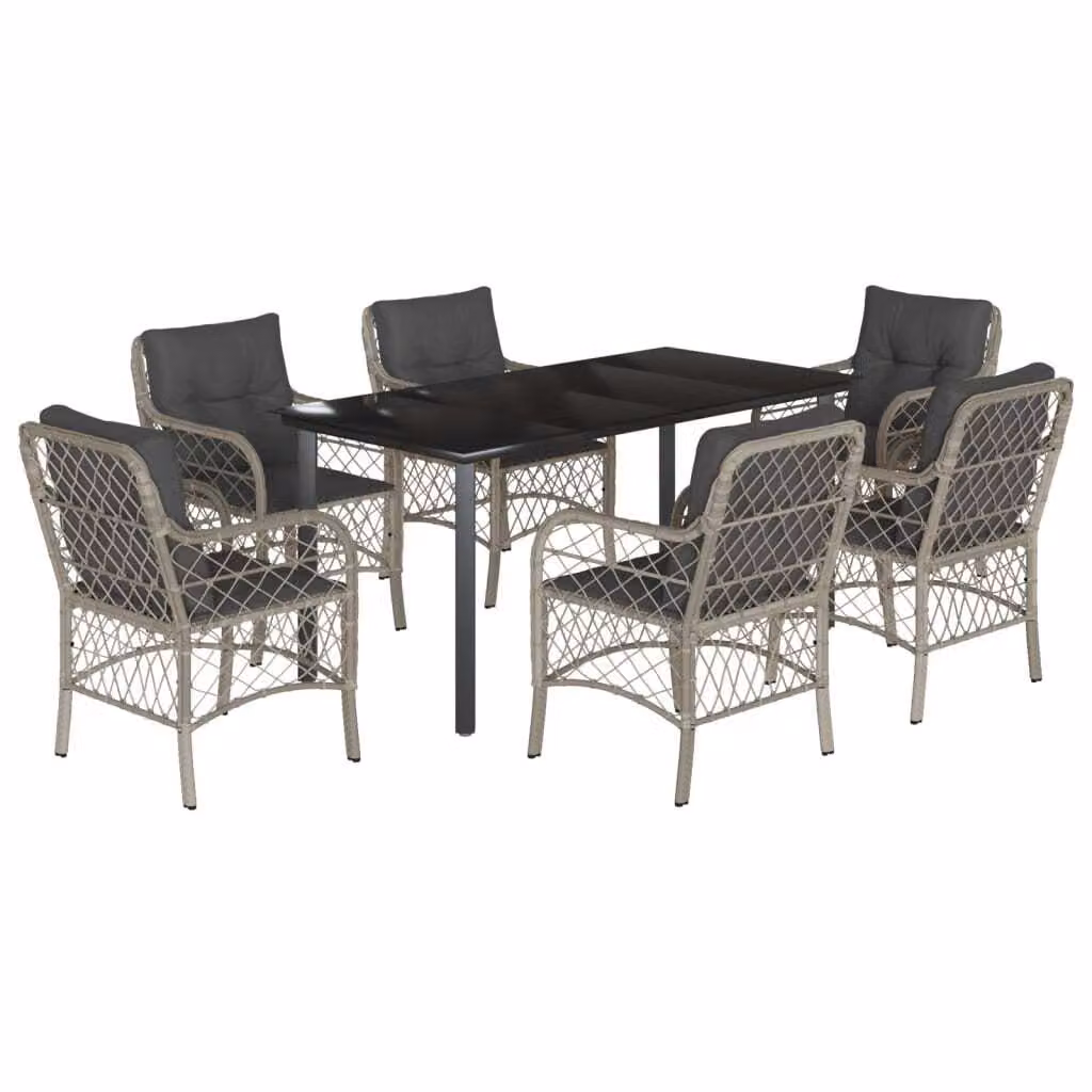 Set da Pranzo da Giardino 7 pz Cuscini Polyrattan Grigio Chiaro