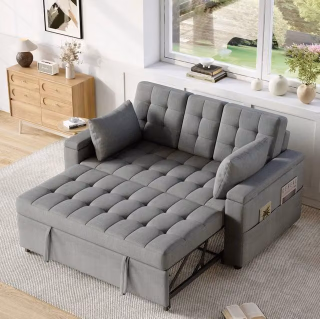 Divano letto 2 posti estraibile con schienale reclinabile; cuscini e vani portaoggetti; 159x142.5x92 cm; grigio