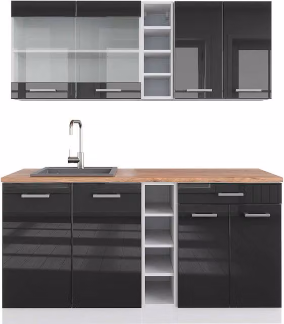 Cucina completa R-Line Antracite lucido/Bianco 160 cm, PL Rovere Vicco
