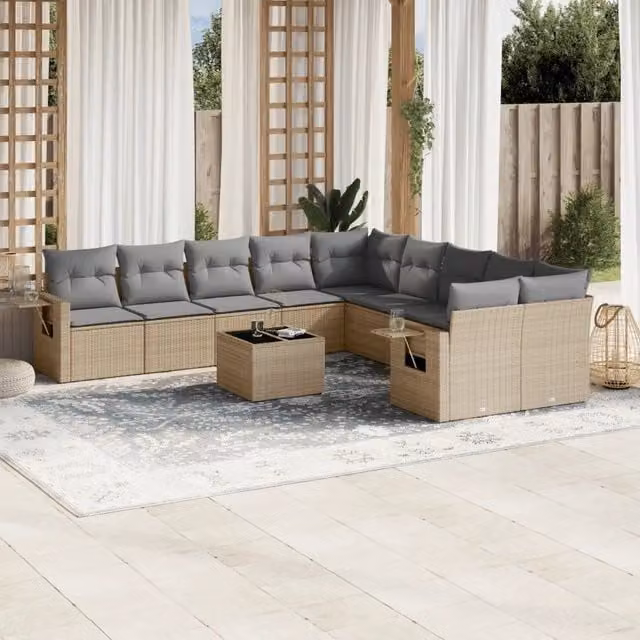 Set di Divani da Giardino vidaXL a Forma di U composto da 11 Pezzi con Cuscini Beige e Tavolino in Vetro – 1