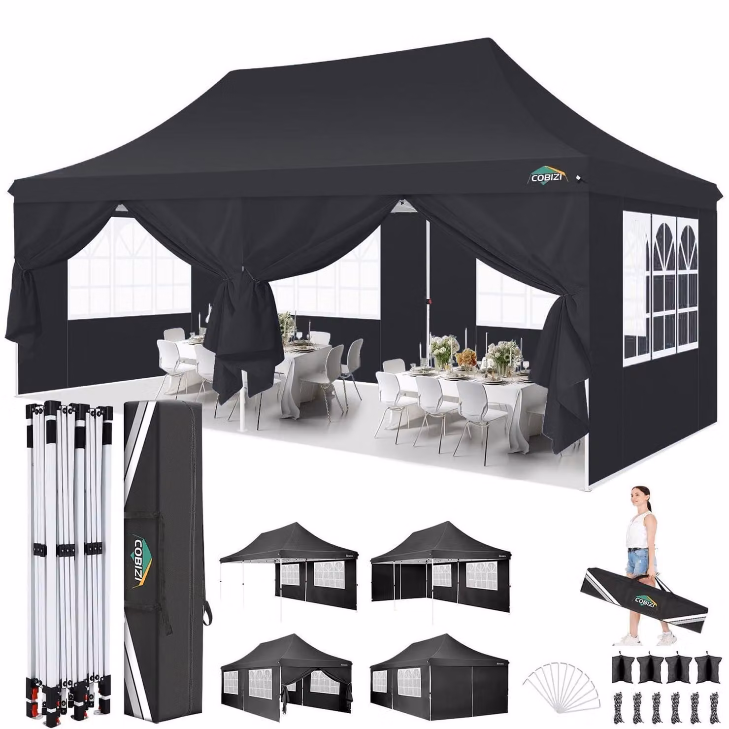 Gazebo da esterno 3x6 metri, impermeabile, con protezione UV 50+, realizzato in tessuto Oxford 420D, colore nero, dotato di 6 pareti laterali