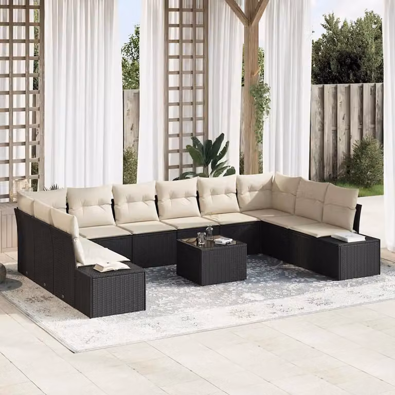 Set Divano da Giardino vidaXL a forma a U con 10 pezzi, Nero e Beige, con Cuscini e Tavolino da Caffè