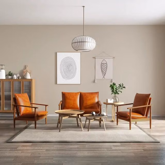 Set di divani 3 pezzi vidaXL in vera pelle e legno massello di acacia marrone in stile mid-century – 1