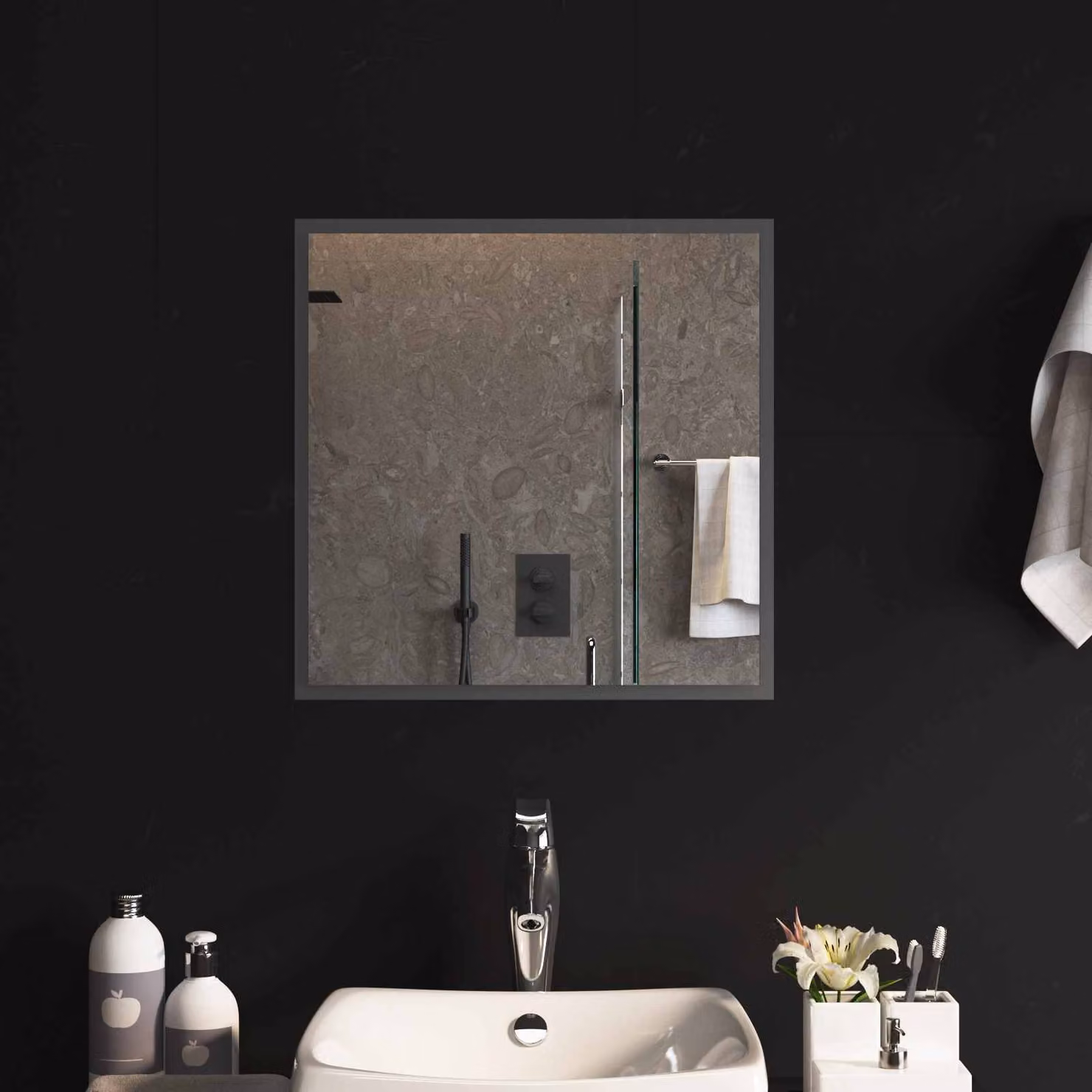 Specchio da bagno moderno vidaXL con luce LED, vetro temperato, nero, 50 x 50 cm