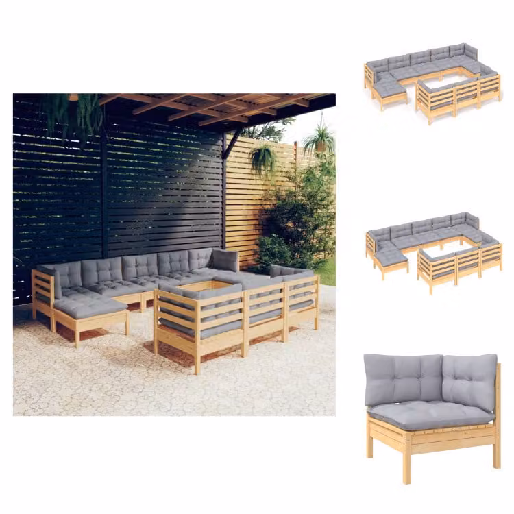 vidaXL Set di 10 pezzi da giardino con cuscini grigi in pino massiccio - Set di mobili da giardino