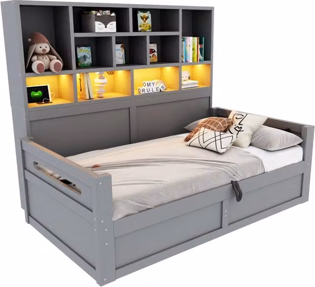 Letto singolo 90x200 cm con contenitore idraulico; LED e prese elettriche in MDF grigio