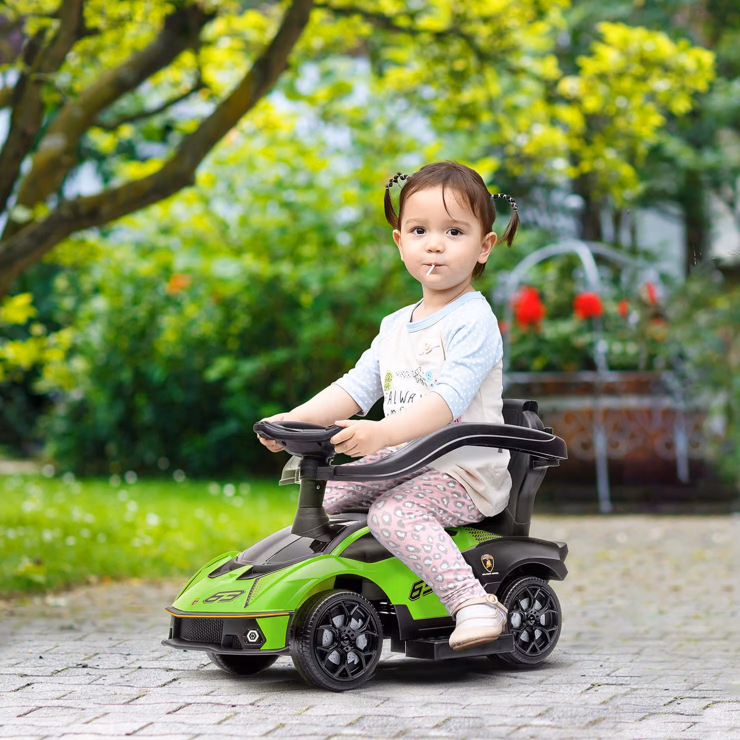 Macchinina Lamborghini Cavalcabile per Bambini AIYAPLAY con Maniglione di Spinta e Barriera di Sicurezza, Verde e Nero – 2