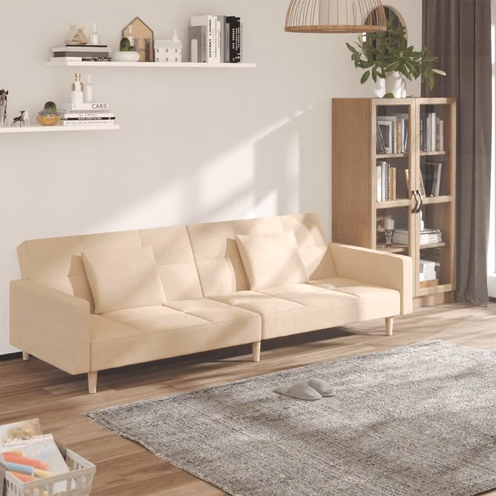 vidaXL Divano Letto Click-Clack Moderno in Tessuto Beige con 2 Cuscini e Struttura in Legno Massello