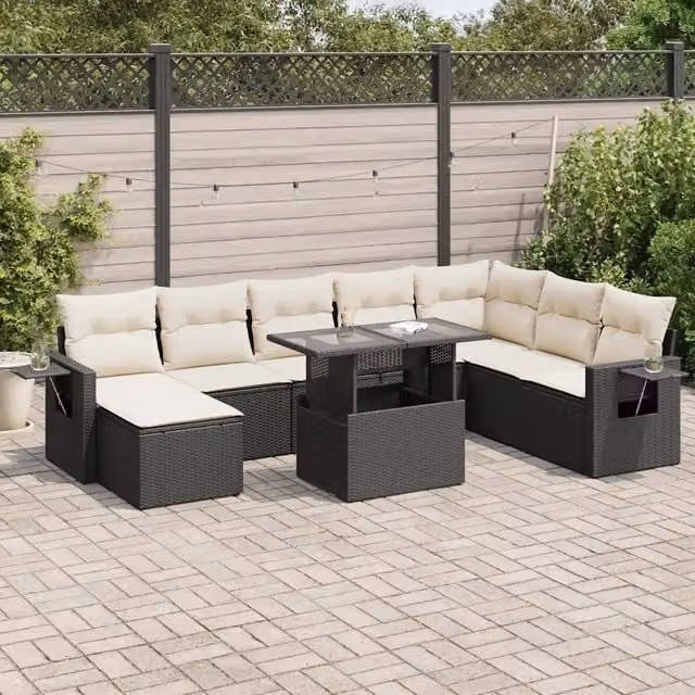 Set Divani da Giardino 9 pz con Cuscini Nero in Polyrattan 3326527