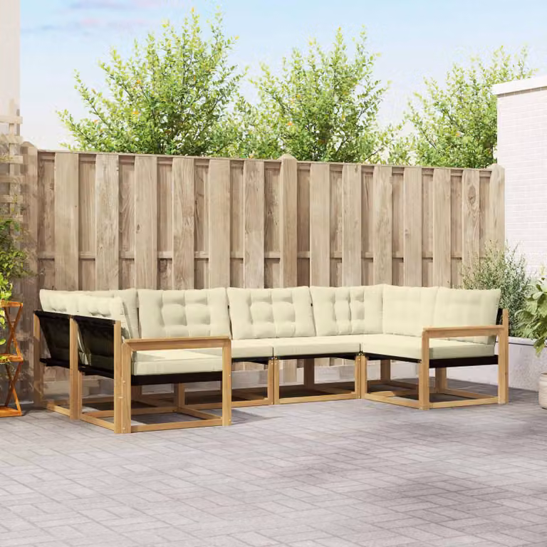 Set di divani da esterno a L vidaXL in legno di acacia con cuscini, Bianco, Beige e Marrone