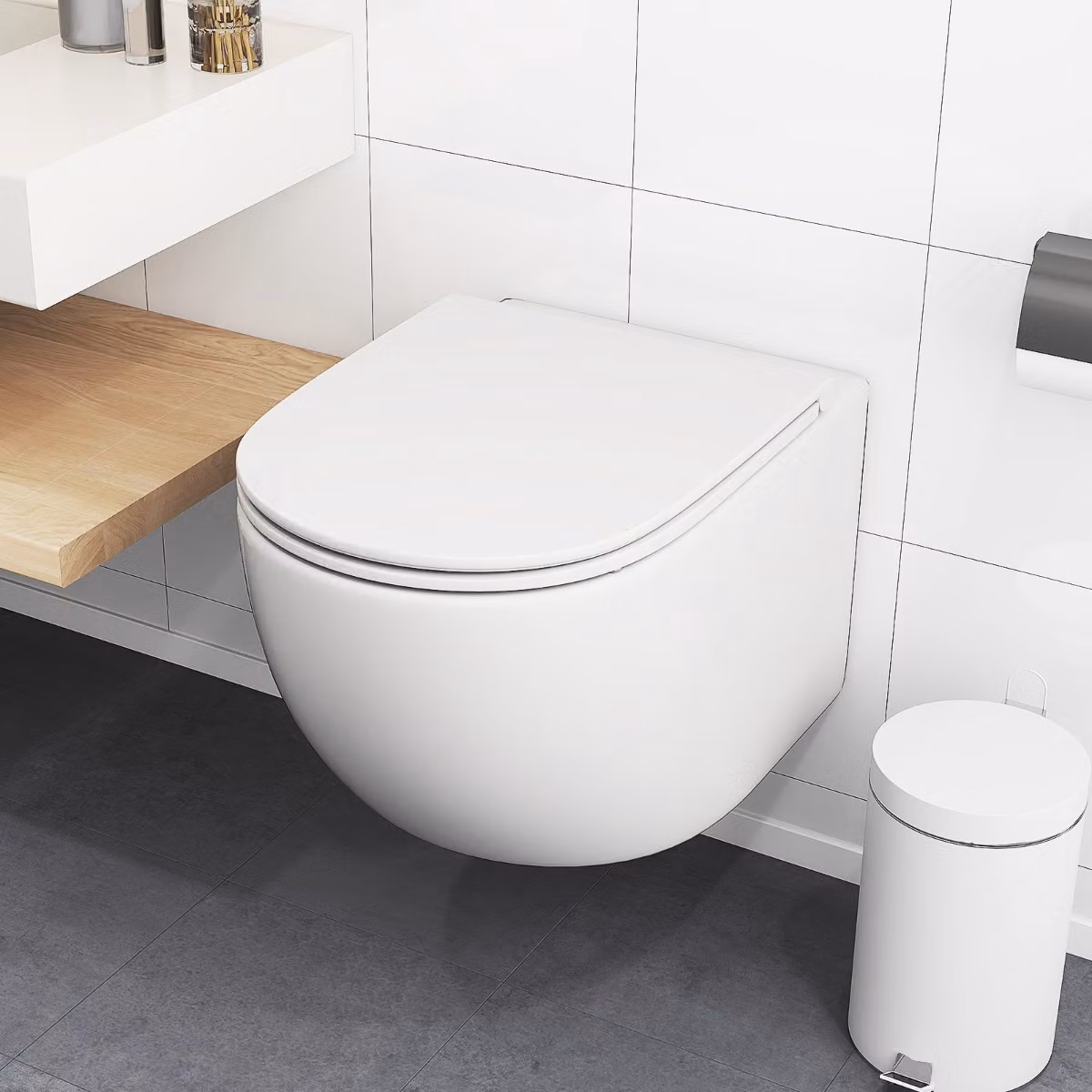 Vaso WC sospeso Costway in ceramica bianca con sedile soft close e sistema di doppio scarico