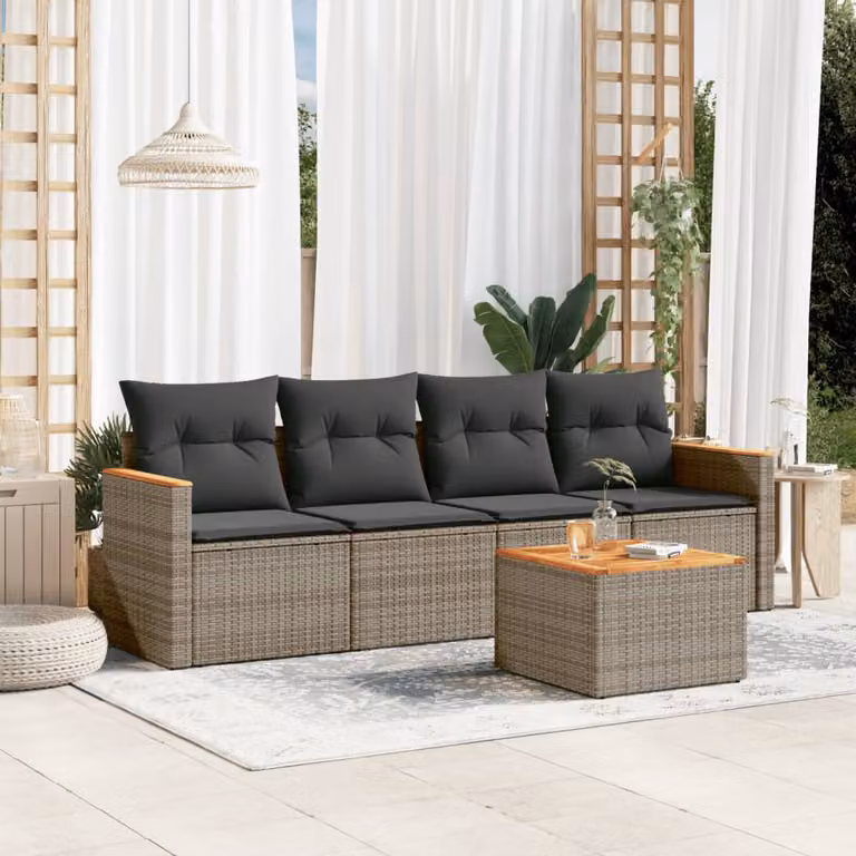 vidaXL Set Divano da Giardino 5 pz con Cuscini Grigio in Polyrattan e Acciaio