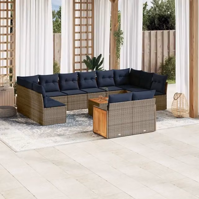 Set di divani da giardino a forma di U vidaXL in polyrattan con cuscini blu e grigi e tavolino da caffè coordinato – 1