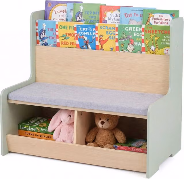 Panca portagiochi a due posti DESIGN IN con portariviste a due ripiani e cuscino rimovibile, Cassapanca per bambini Verde L: 80 cm, P: 48 cm, H: 74,5 cm