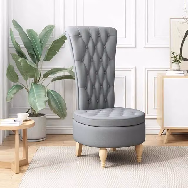 Poltrona Slipper in tessuto grigio chiaro con struttura in legno e braccioli, design moderno L/P/H: 56,5 x 70 x 110 cm