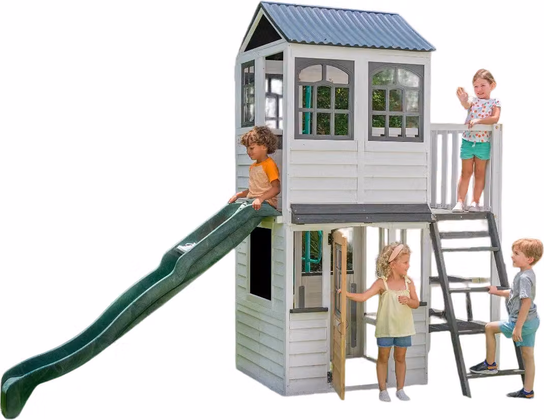 Complesso ludico in legno con scivolo, letto a castello e balcone Woodland View