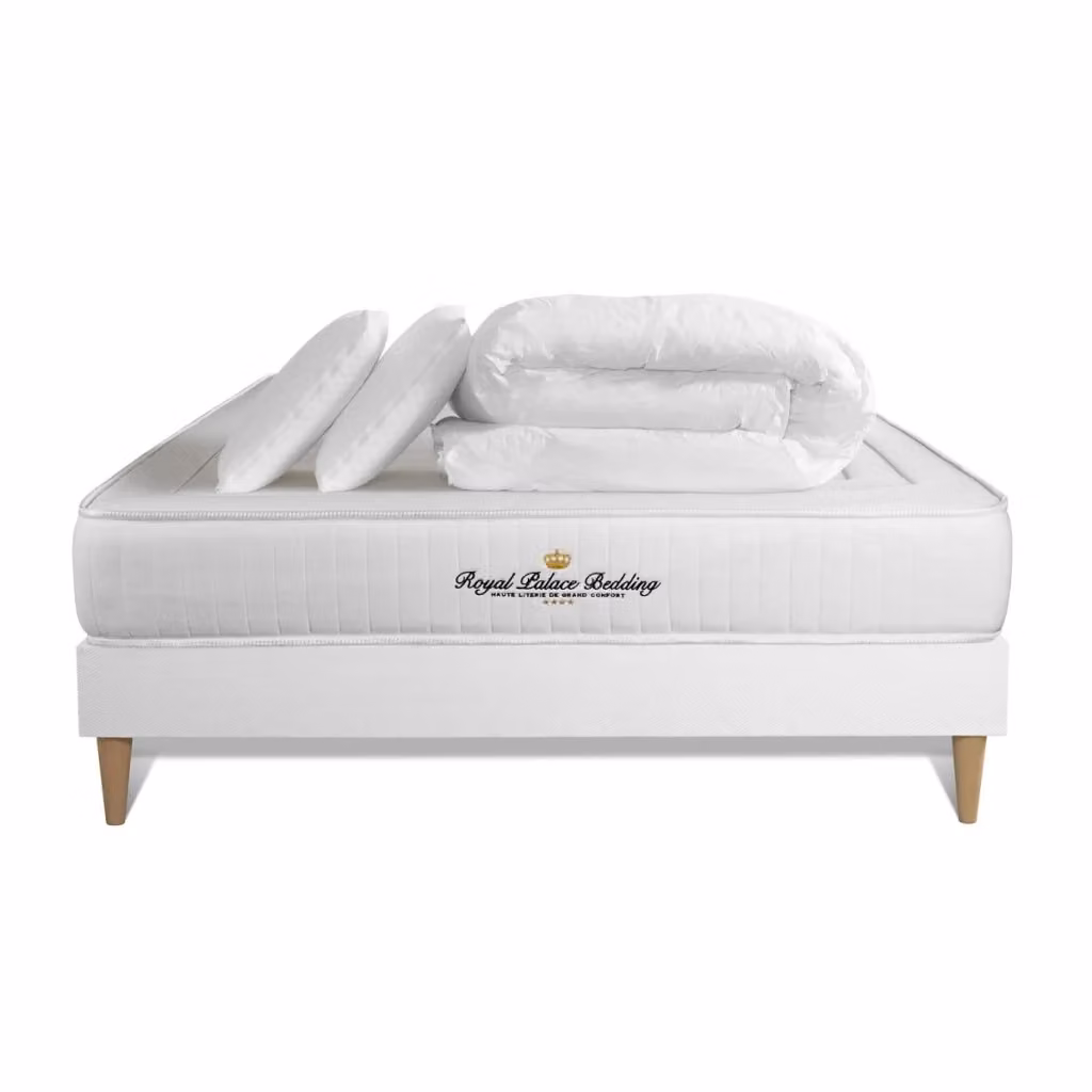Set letto completo Lancaster bianco con materasso in schiuma 200x200 cm, box spring con doghe, 2 cuscini e piumino – 2