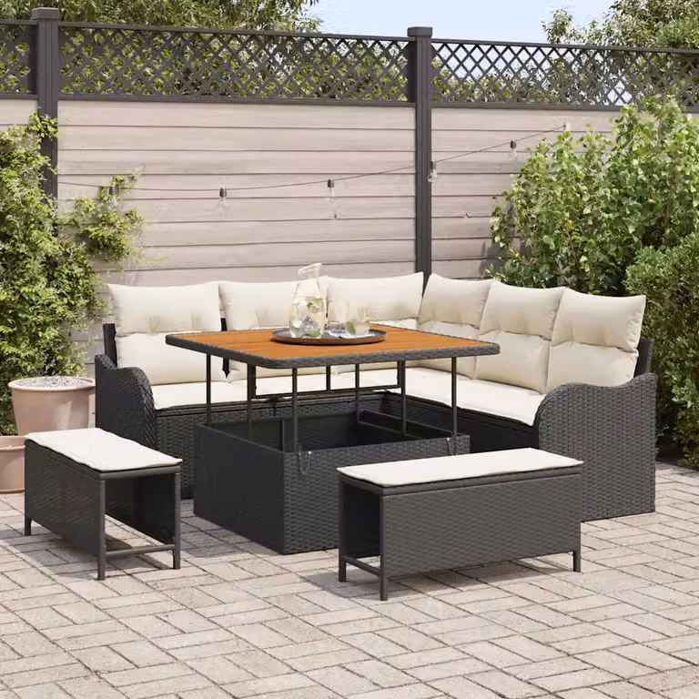 Set Divano da Giardino vidaXL 8 Pezzi con Tavolino e Cuscini Nero e Beige