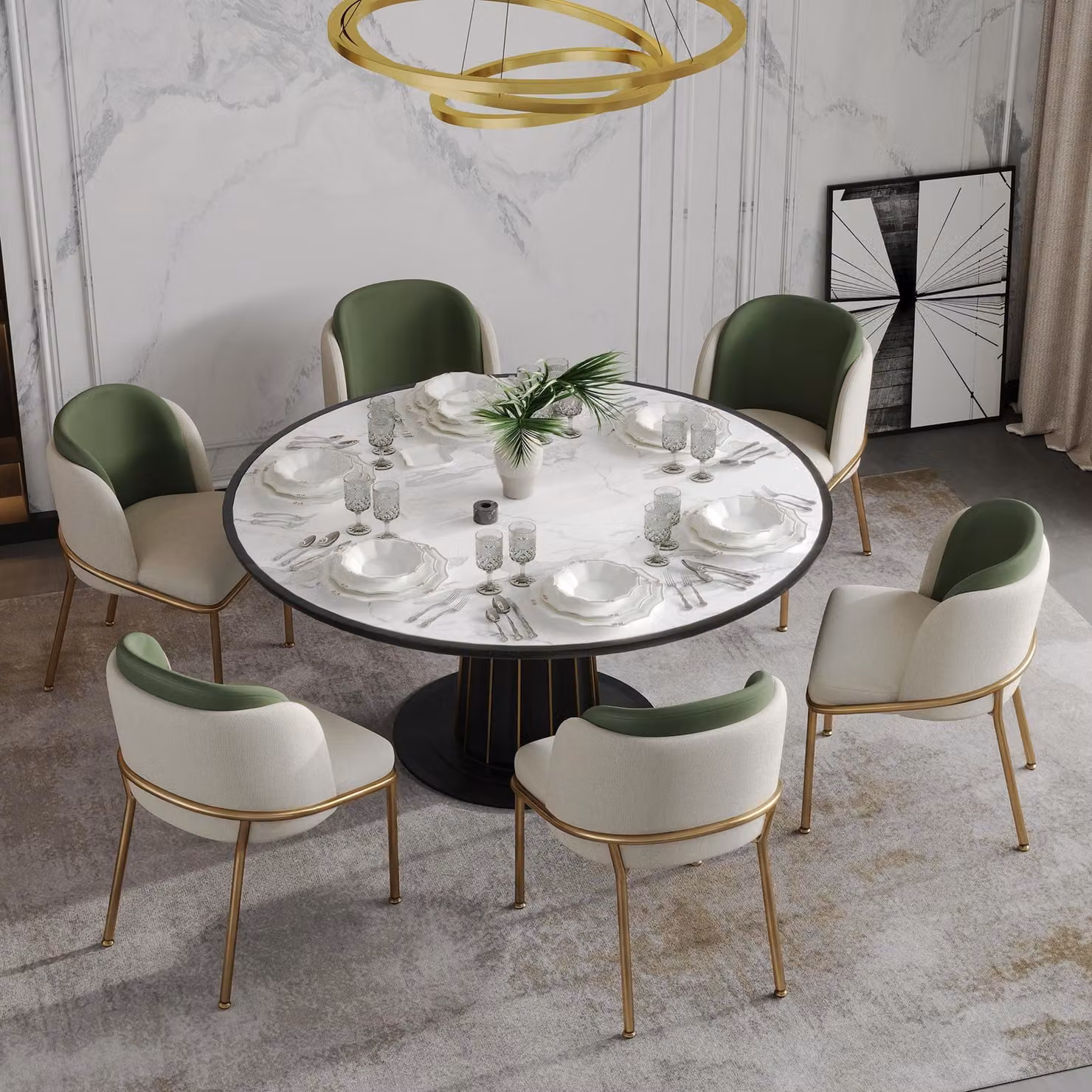 Set di 6 sedie da pranzo ergonomiche, con gambe inclinate, piedini regolabili, imbottite, ideali per la cucina, dimensioni 55x55x85 cm, colore verde e dorato