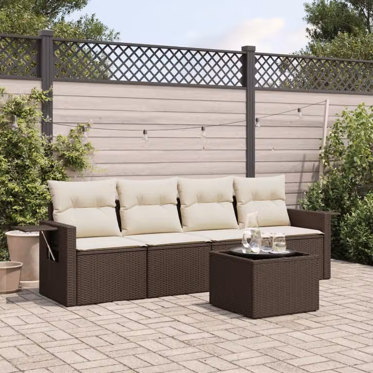 Set Divano da Giardino vidaXL 5 pz in Polyrattan Marrone con Cuscini e Tavolino