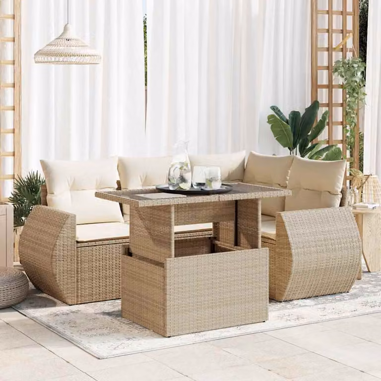 Set Divano da Giardino vidaXL 5 pz in Polyrattan con Cuscini Beige