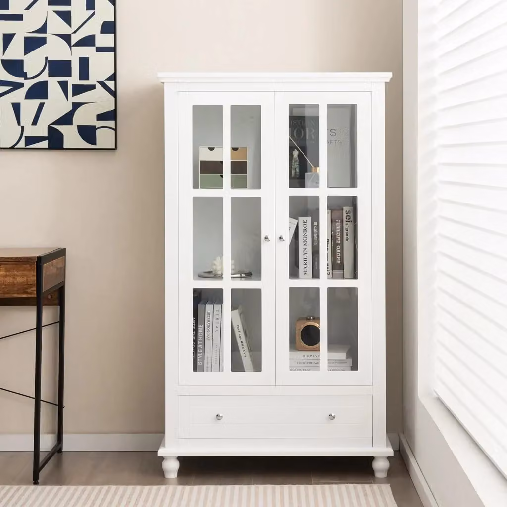 Costway Mobile Libreria Vetrinetta Espositiva Alta con Ante in Vetro Temperato e Cassetto, Colore Bianco, L 80 cm x P 40 cm x H 139 cm – 2