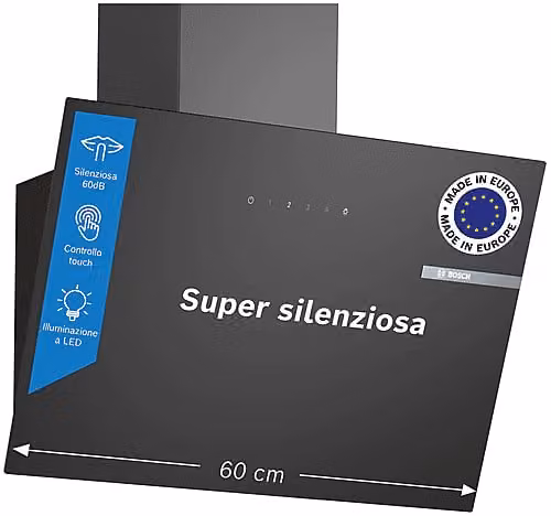 Cappa a muro inclinata Bosch Serie 2 DWK65DK60 colore Nero, aspirazione o ricircolo, 430 m³/h, Classe A, 60 dB – 1