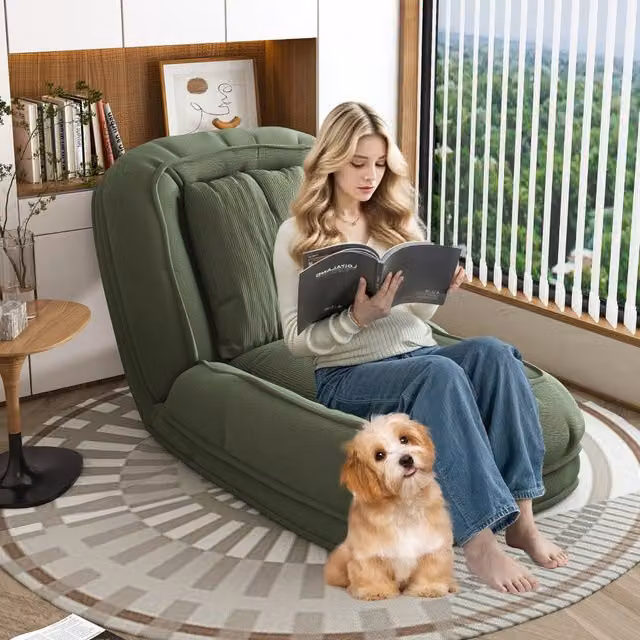 Sedia a sdraio pieghevole e divano letto ergonomico SINGULARTY in microfibra verde con struttura in metallo e schienale regolabile