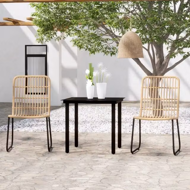 Set da giardino moderno vidaXL composto da 3 pezzi con tavolo in vetro e sedie in metallo e rattan, colori nero e marrone – 1