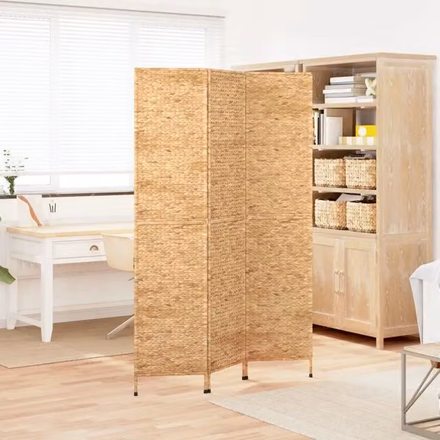 Paravento Divisorio per Ambienti a 3 Pannelli in Metallo e Rattan Beige L: 122 cm, H: 180 cm