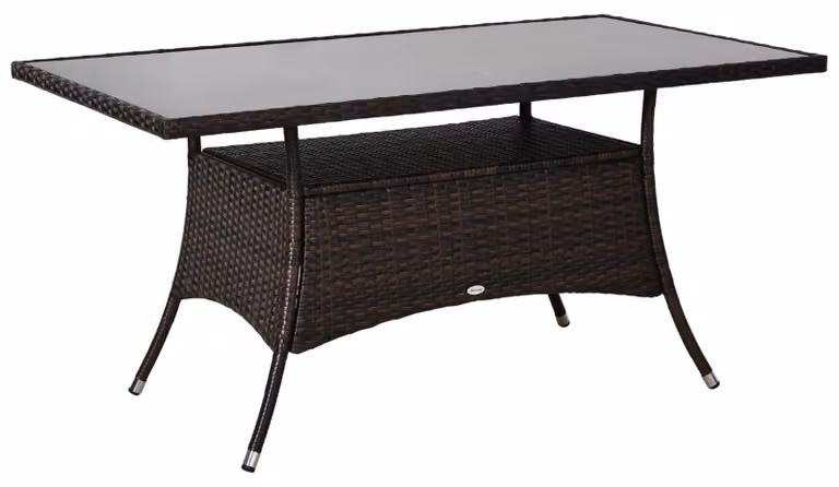 Tavolo da giardino Moonbite in rattan sintetico con piano in vetro temperato, dimensioni 150 x 85 x 74 cm, tavolo da pranzo resistente alle intemperie, struttura in metallo, piedini antiscivolo, piano di 5 mm, colore marrone