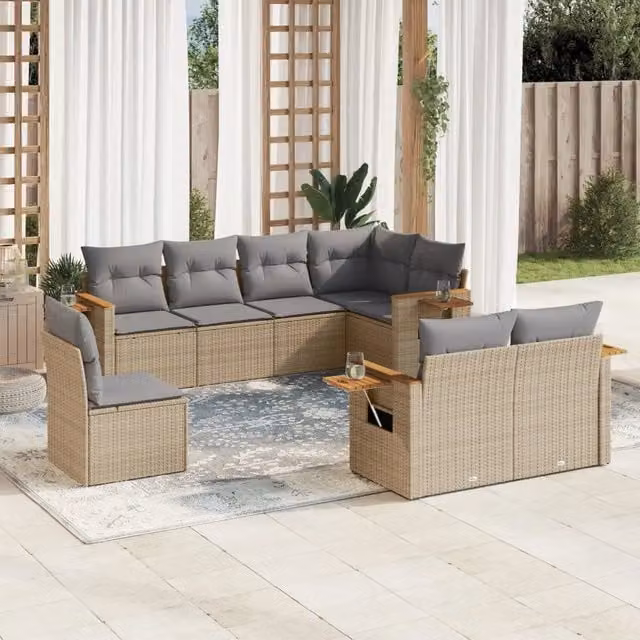 vidaXL Set Divano da Giardino 8 pz in Polyrattan con Cuscini Beige e Tavolino da Esterno