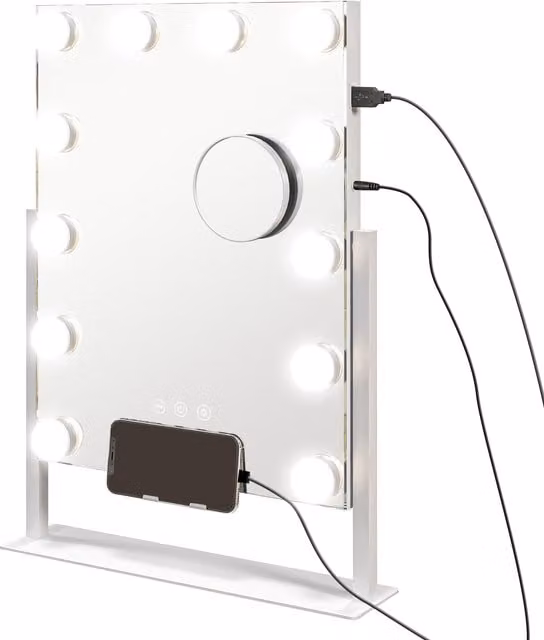 Specchio Hollywood HOMCOM con 12 LED regolabili, touch e ingrandimento 10X, Bianco, L: 36.5 cm, P: 8.5 cm, H: 45.5 cm