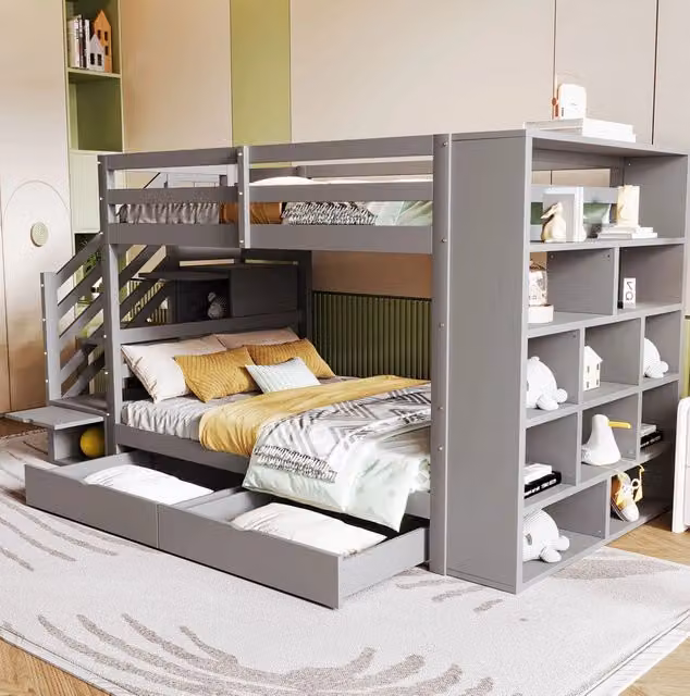 Letto a castello 90x200 cm in legno di pino grigio con scale contenitore; cassetti e sbarre alte